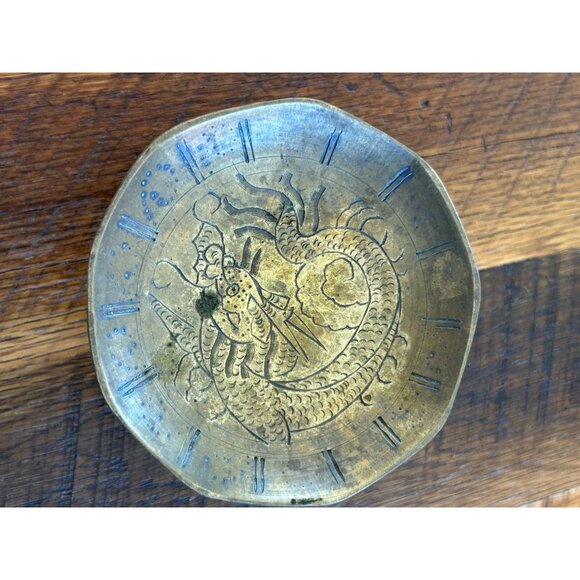 Vintage Chinese Brass Hand-Etched Pedestal Trinket Dish - Picture 1 of 10